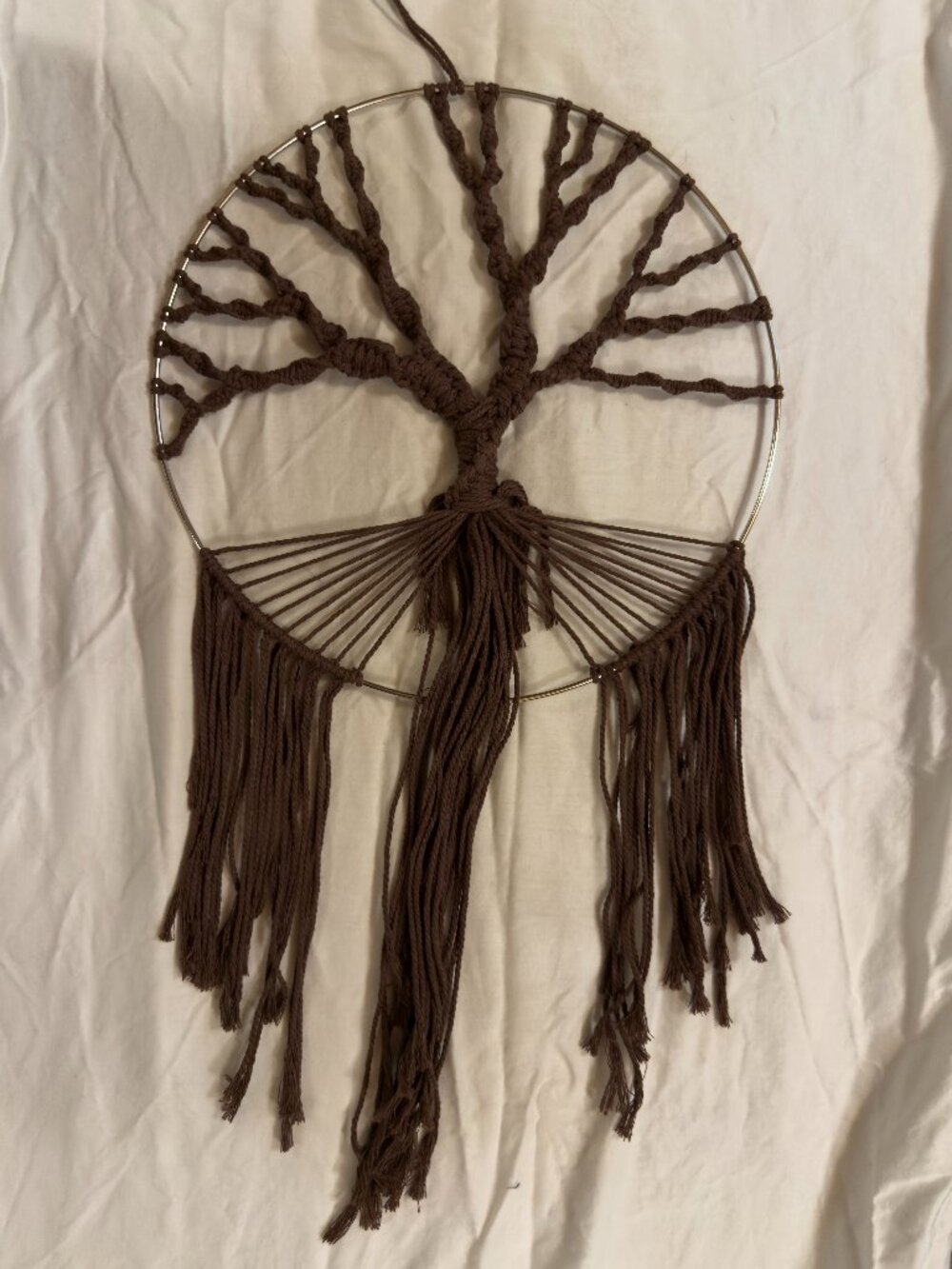 12" Silver Round Ring Boho Macrame Brown Tree of Life with Roots
